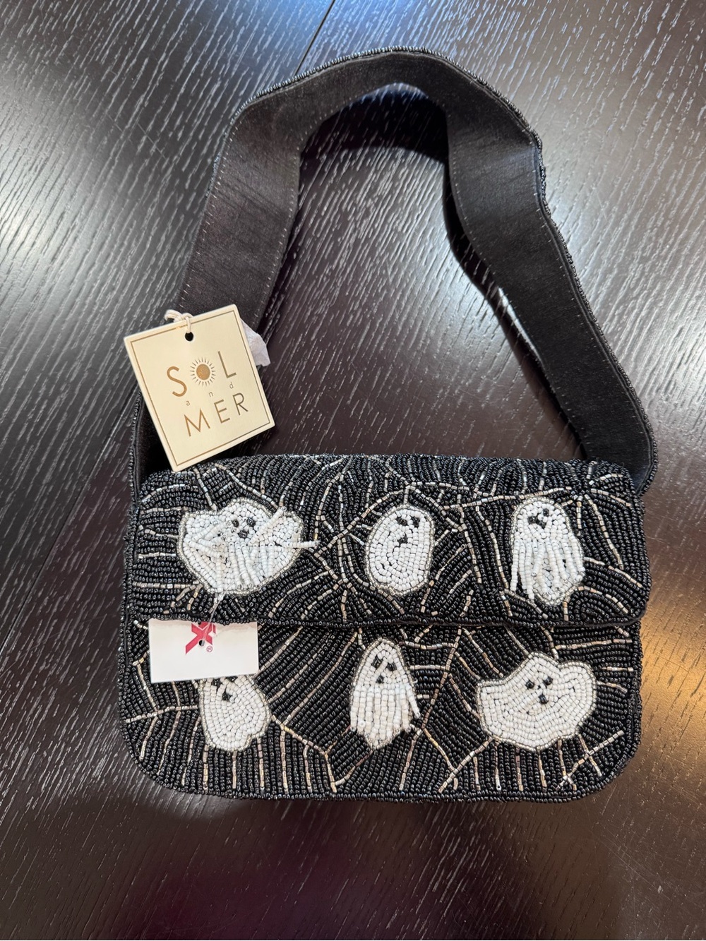 VIRAL GHOST BEADED BAG! Beaded Black Ghost Appliqué Shoulder Bag - Womens